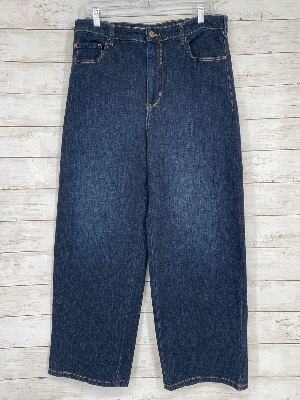 Pilcro Wide Leg High Rise Cropped Jean Size 32 Back Patch Pockets Dark Wash